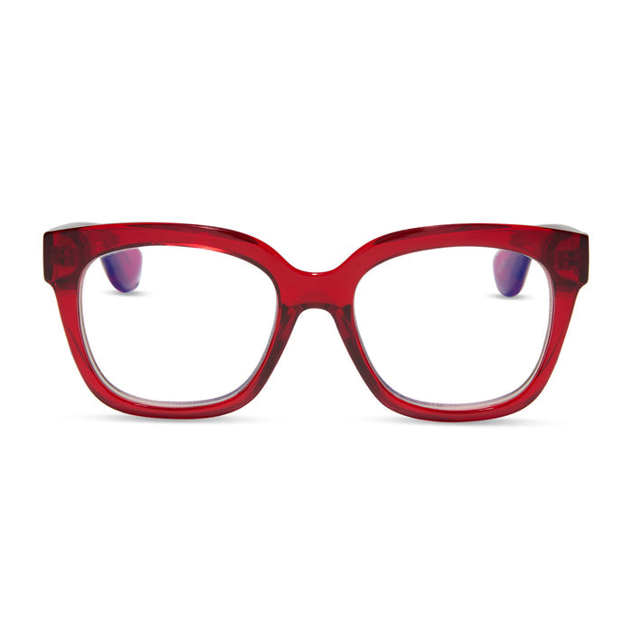 diff eyewear ava square blue light readers with a red hot summer frame front view