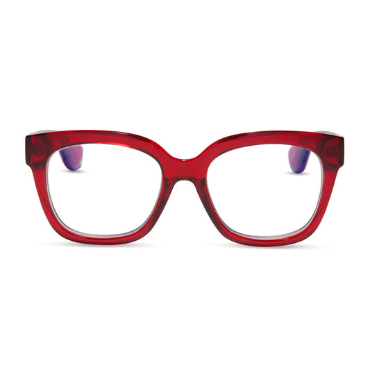 diff eyewear ava square blue light readers with a red hot summer frame front view