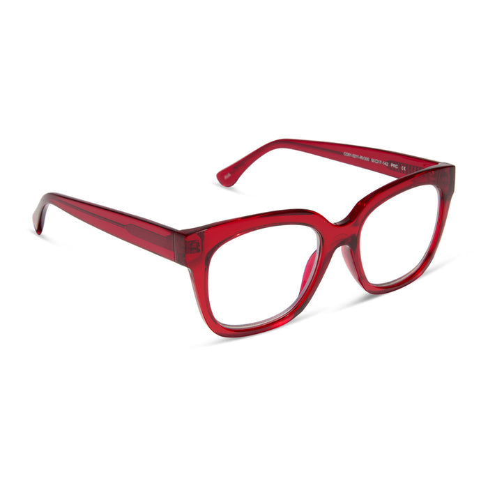 diff eyewear ava square blue light readers with a red hot summer frame angled view