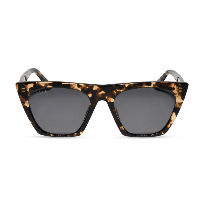 diff eyewear avril cat eye sunglasses with a espresso tortoise frame and grey lenses front view