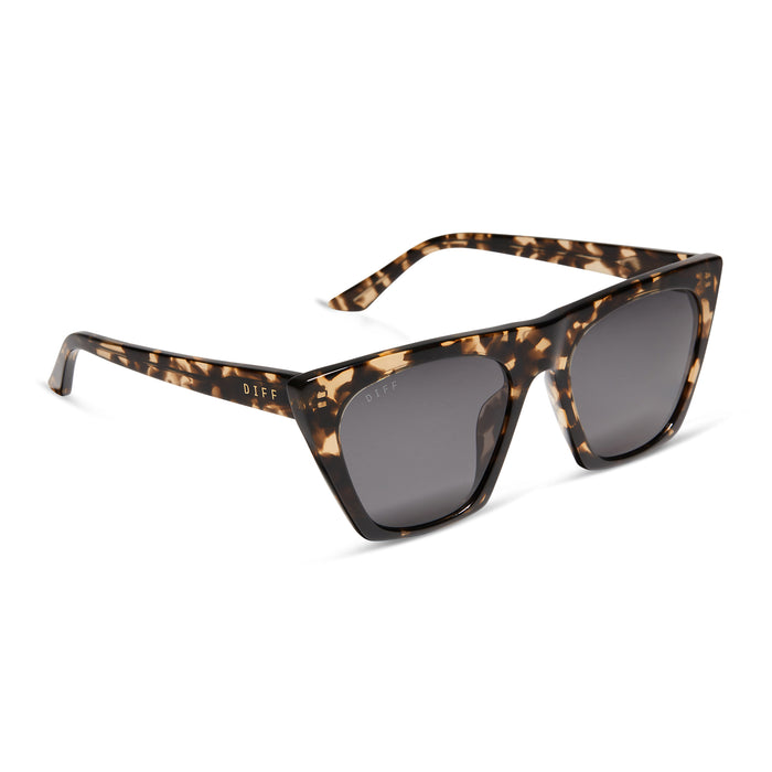 diff eyewear avril cat eye sunglasses with a espresso tortoise frame and grey lenses angled view