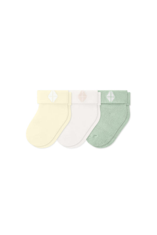 Baby 3-Pack Socks in Fresh set includes: Chamomile, Cloud and Basil shown on a white background