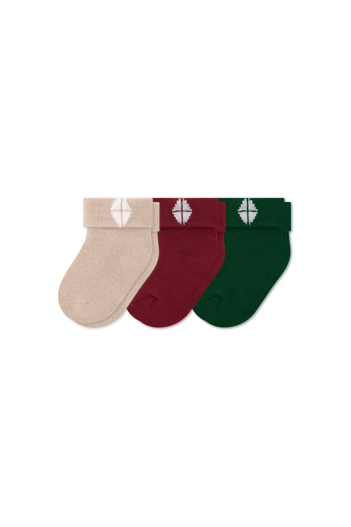 Baby 3-Pack Socks in Holiday set includes: Bisque, Ruby and Forest shown on a white background