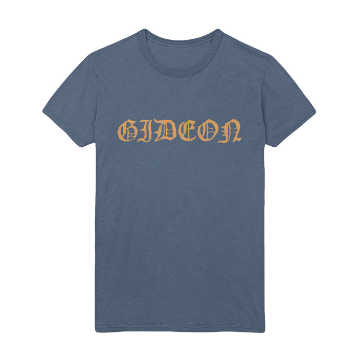 Blue Jean colored short sleeve shirt with yellow text across the chest that says GIDEON.