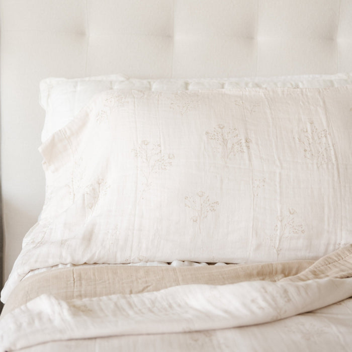 Neutral colored florals on a lightweight, cozy, bamboo rayon muslin pillowcase.