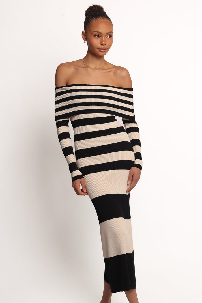 Petal and Pup USA DRESSES Banks Off Shoulder Knit Dress - Black Cream Stripe