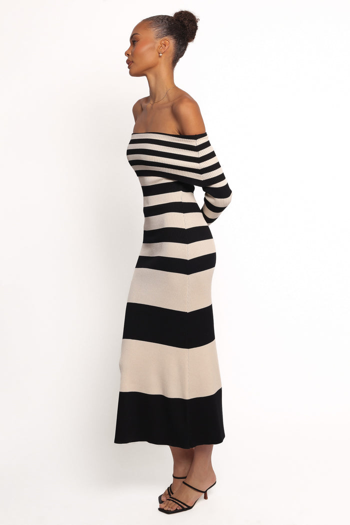 Petal and Pup USA DRESSES Banks Off Shoulder Knit Dress - Black Cream Stripe
