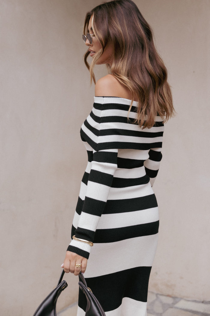 Petal and Pup USA DRESSES Banks Off Shoulder Knit Dress - Black Cream Stripe