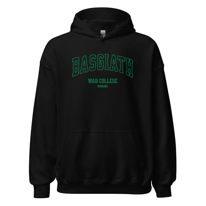 Black unisex hoodie with green 'BASGIATH WAR COLLEGE NAVARRE' text on front.