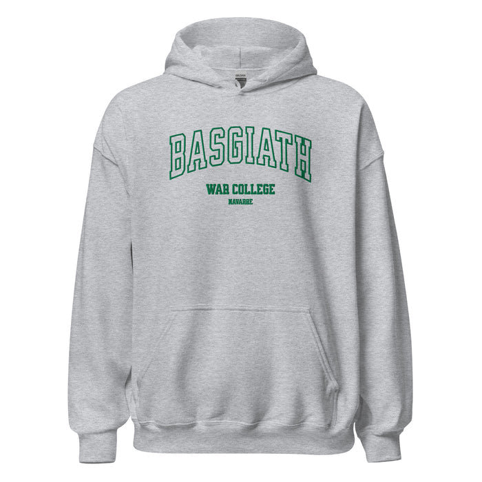 Sport grey unisex hoodie with green 'Basgiath War College Navarre' text on front