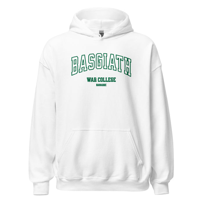 White unisex hoodie with green 'BASGIATH WAR COLLEGE NAVARRE' text on front, kangaroo pocket