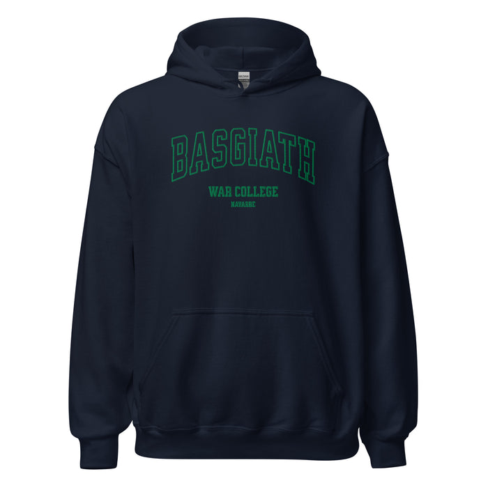 Navy unisex hoodie with BASGIATH WAR COLLEGE NAVARRE text in green on the front.