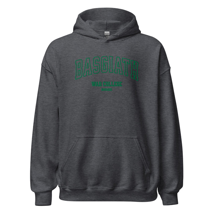 Dark heather gray hoodie with green 'Basgiath War College Navarre' text on front, unisex fit