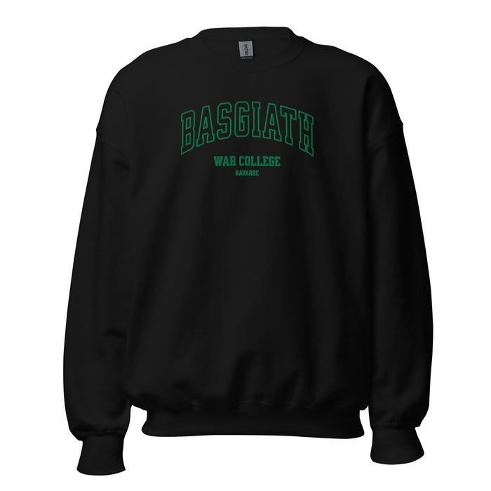 Black unisex crew neck sweatshirt with green 'Basgiath War College Navarre' text on front