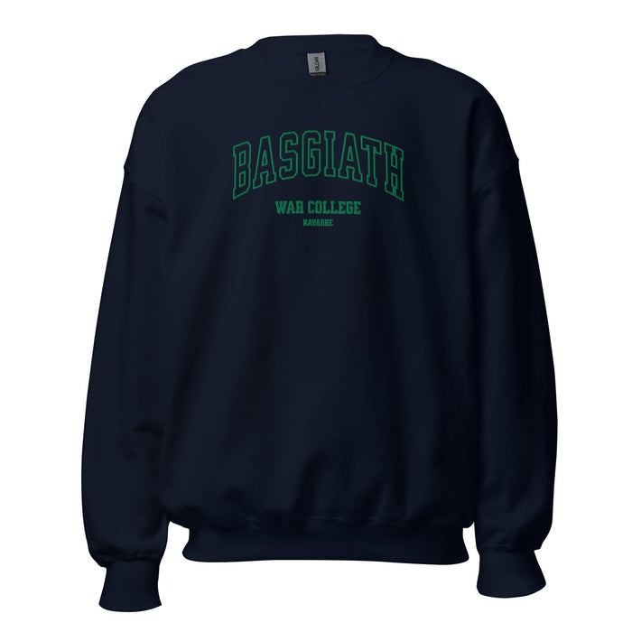 Navy unisex crew neck sweatshirt with BASGIATH WAR COLLEGE NAVARRE text in green.