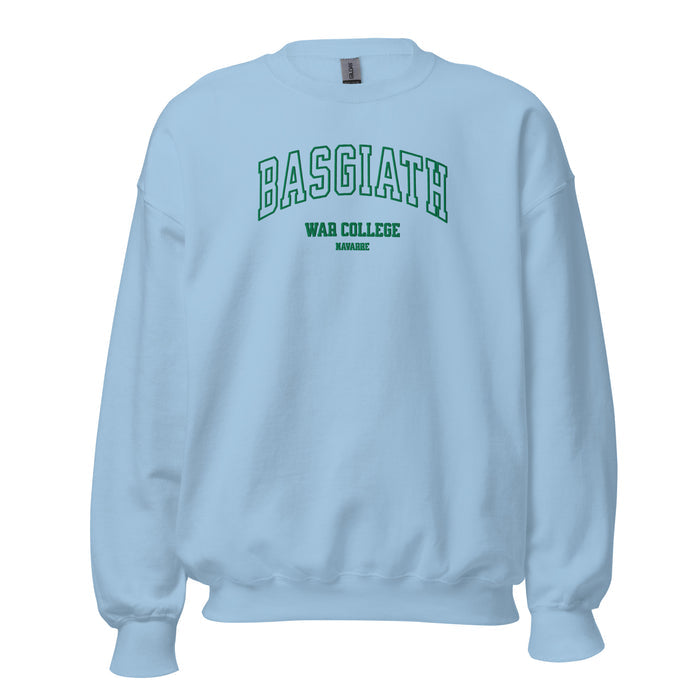 Light blue unisex crewneck sweatshirt with 'BASGIATH WAR COLLEGE NAVARRE' text in green.