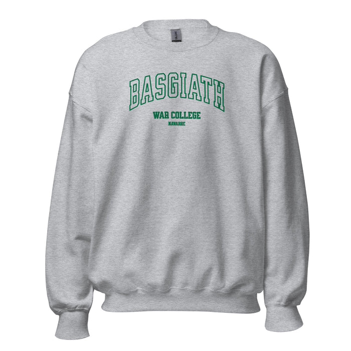 Unisex grey crew neck sweatshirt with green Basgiath War College Navarre text print