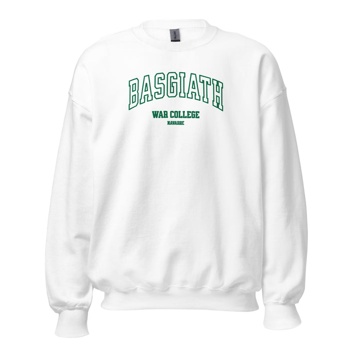 Unisex white crew neck sweatshirt with green Basgiath War College Navarre text print