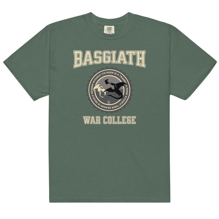 Basgiath War College T-Shirt - The Bean Workshop - Basgiath War College Varsity T-Shirt Fourth Wing Fan Gift, Black Gold Seal Dragon Graphic, Bookish Streetwear Style, BookTok Bookstagram Outfit Idea, box tee, Dragon Rider Collegiate Graphic Tee Fantasy Book Lover, Empyrean Series, Everyday Fandom Casual Wear, fourth wing, Fourth Wing Fandom, Navarre Varsity Badge Design, rebecca yarros, Rider Dragon Flight Illustration, Varsity Collegiate Aesthetic
