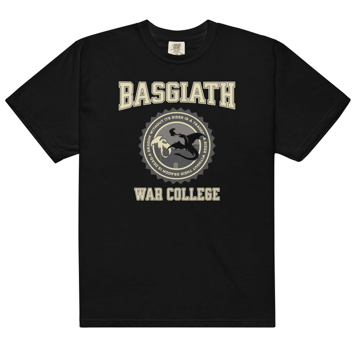 Basgiath War College T-Shirt - The Bean Workshop - Basgiath War College Varsity T-Shirt Fourth Wing Fan Gift, Black Gold Seal Dragon Graphic, Bookish Streetwear Style, BookTok Bookstagram Outfit Idea, box tee, Dragon Rider Collegiate Graphic Tee Fantasy Book Lover, Empyrean Series, Everyday Fandom Casual Wear, fourth wing, Fourth Wing Fandom, Navarre Varsity Badge Design, rebecca yarros, Rider Dragon Flight Illustration, Varsity Collegiate Aesthetic