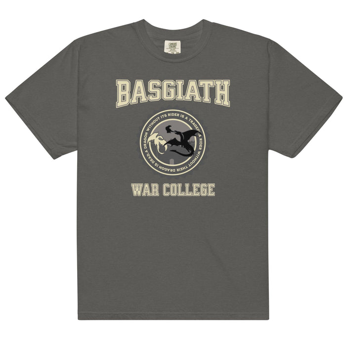 Basgiath War College T-Shirt - The Bean Workshop - Basgiath War College Varsity T-Shirt Fourth Wing Fan Gift, Black Gold Seal Dragon Graphic, Bookish Streetwear Style, BookTok Bookstagram Outfit Idea, box tee, Dragon Rider Collegiate Graphic Tee Fantasy Book Lover, Empyrean Series, Everyday Fandom Casual Wear, fourth wing, Fourth Wing Fandom, Navarre Varsity Badge Design, rebecca yarros, Rider Dragon Flight Illustration, Varsity Collegiate Aesthetic