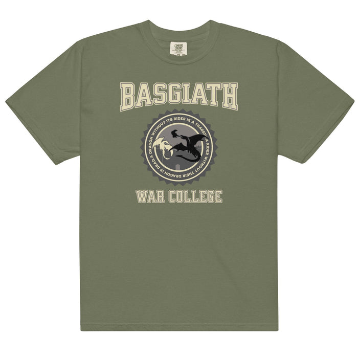 Basgiath War College T-Shirt - The Bean Workshop - Basgiath War College Varsity T-Shirt Fourth Wing Fan Gift, Black Gold Seal Dragon Graphic, Bookish Streetwear Style, BookTok Bookstagram Outfit Idea, box tee, Dragon Rider Collegiate Graphic Tee Fantasy Book Lover, Empyrean Series, Everyday Fandom Casual Wear, fourth wing, Fourth Wing Fandom, Navarre Varsity Badge Design, rebecca yarros, Rider Dragon Flight Illustration, Varsity Collegiate Aesthetic