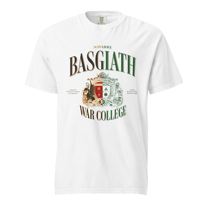 Basgiath War College Tee Shirt - The Bean Workshop - Basgiath War College Half and Half T-Shirt Empyrean Fan, BookTok Bookstagram Outfit Idea, box tee, Crimson Gold Green Crest Design, Dark Academia Aesthetic, Dragon Rider Dual Tone Graphic, Dragon Rider Split Colorway Bookish Graphic Tee Fantasy Gift, Empyrean Fandom, Everyday Fandom Casual Wear, fourth wing, Navarre War College Statement Tee, rebecca yarros, Split Colorway Heraldic Style
