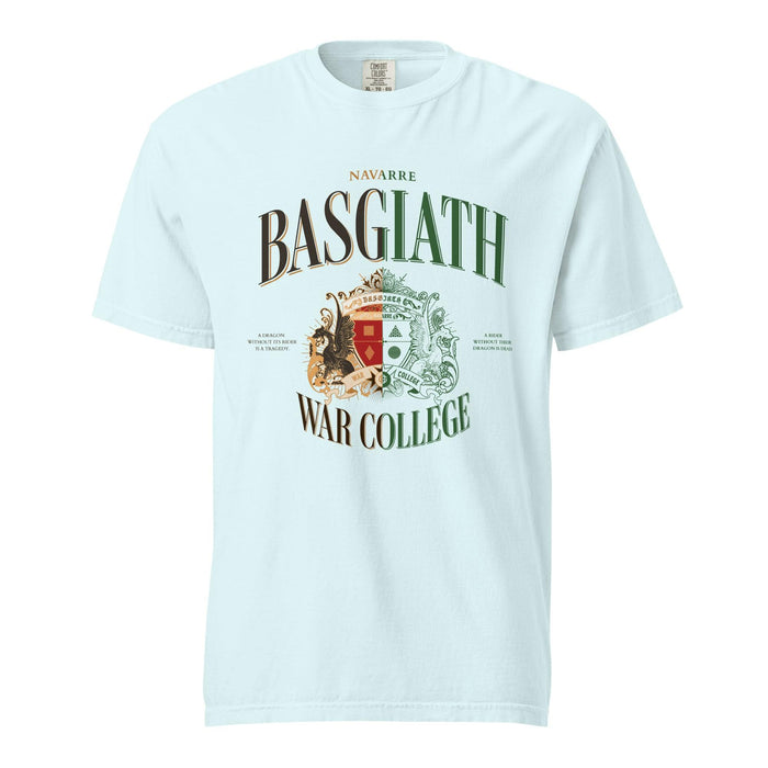 Basgiath War College Tee Shirt - The Bean Workshop - Basgiath War College Half and Half T-Shirt Empyrean Fan, BookTok Bookstagram Outfit Idea, box tee, Crimson Gold Green Crest Design, Dark Academia Aesthetic, Dragon Rider Dual Tone Graphic, Dragon Rider Split Colorway Bookish Graphic Tee Fantasy Gift, Empyrean Fandom, Everyday Fandom Casual Wear, fourth wing, Navarre War College Statement Tee, rebecca yarros, Split Colorway Heraldic Style