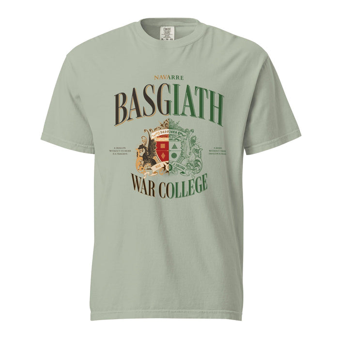 Basgiath War College Tee Shirt - The Bean Workshop - Basgiath War College Half and Half T-Shirt Empyrean Fan, BookTok Bookstagram Outfit Idea, box tee, Crimson Gold Green Crest Design, Dark Academia Aesthetic, Dragon Rider Dual Tone Graphic, Dragon Rider Split Colorway Bookish Graphic Tee Fantasy Gift, Empyrean Fandom, Everyday Fandom Casual Wear, fourth wing, Navarre War College Statement Tee, rebecca yarros, Split Colorway Heraldic Style