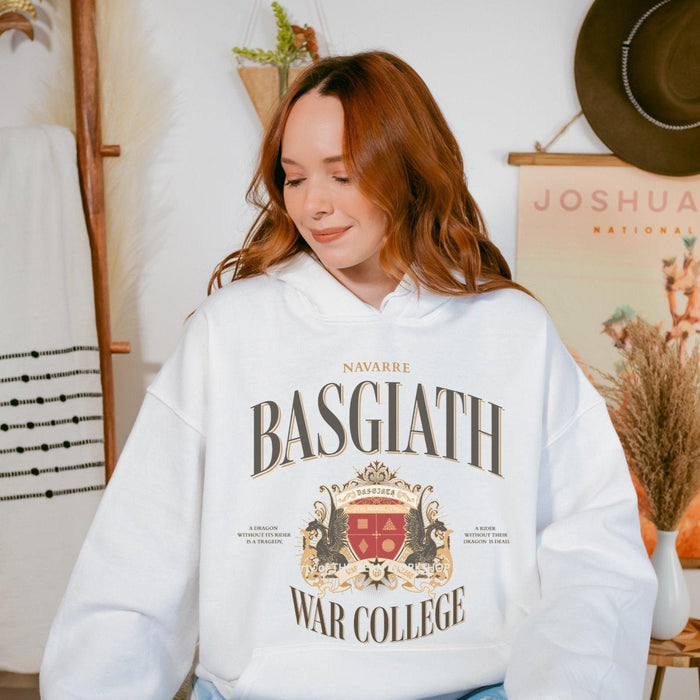 Basgiath War College Vintage Style Hooded Sweater - The Bean Workshop - Basgiath War College Hoodie for Fantasy Book Lovers, Black Gold Crimson Crest Design, Cozy Empyrean Series Dragon Rider Hoodie Gift, Dark Academia Aesthetic, Dragon Rider Graphic Hoodie, Empyrean Fandom, Fall Winter Bookish Wear, fourth wing, Gift for Fantasy Fandom Reader, hoodie, Navarre War College Art, rebecca yarros, Vintage Heraldic Streetwear
