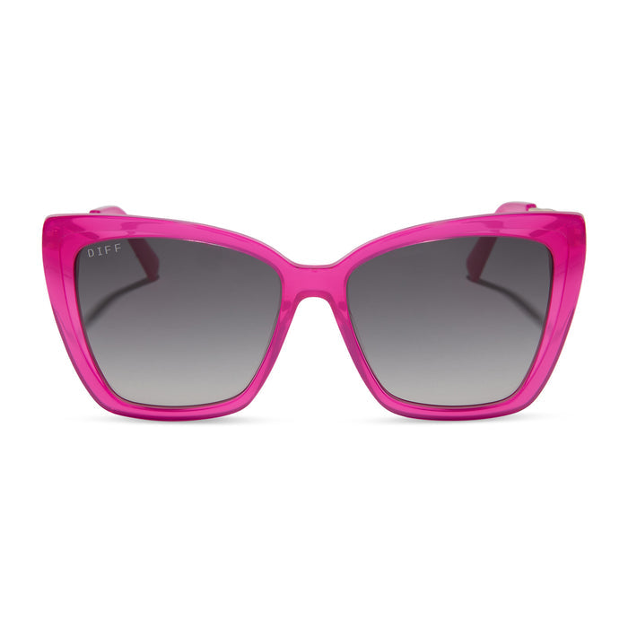 diff eyewear featuring the becky ii cat eye sunglasses with a bright pink tulip & gold frame and grey gradient polarized lenses front view