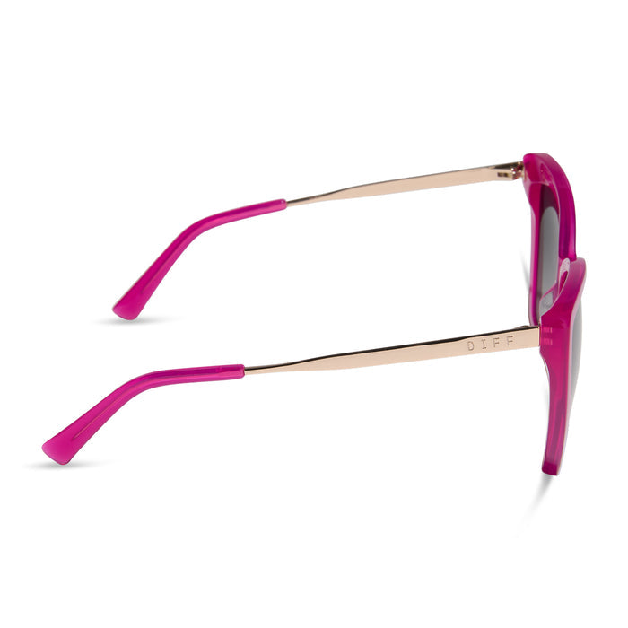 diff eyewear featuring the becky ii cat eye sunglasses with a bright pink tulip & gold frame and grey gradient polarized lenses side view