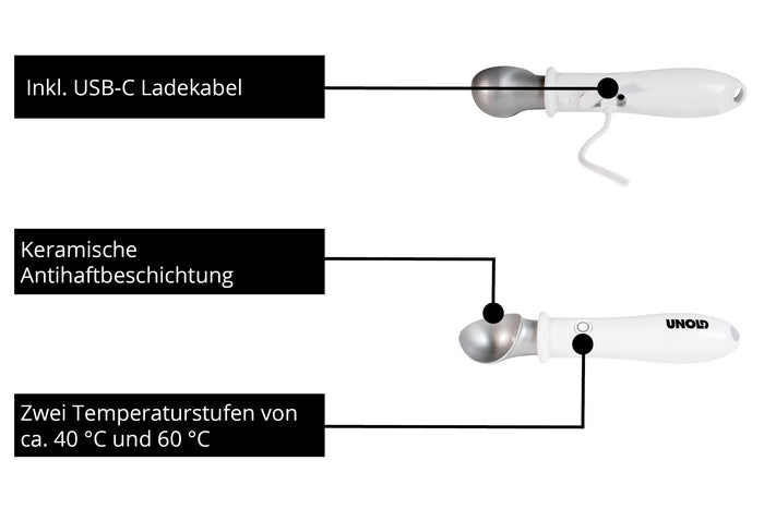 Abgebildet sind zwei weiße Unold Beheizte Eisportionierer Carlo mit Metallspitzen, keramischer Antihaftbeschichtung, USB-C-Ladekabel und zwei Temperaturstufen (ca. 40°C & 60°C). Das Unold-Markenlogo ist sichtbar.