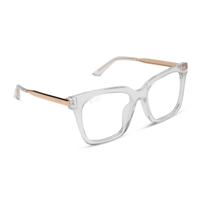 diff eyewear featuring the bella square prescription glasses with a clear crystal with gold frame angled view