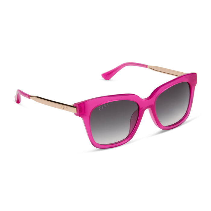 diff eyewear featuring the bella square sunglasses with a bright tulip with gold frame and grey gradient lenses angled view