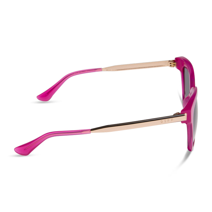 diff eyewear featuring the bella square sunglasses with a bright tulip with gold frame and grey gradient lenses side view