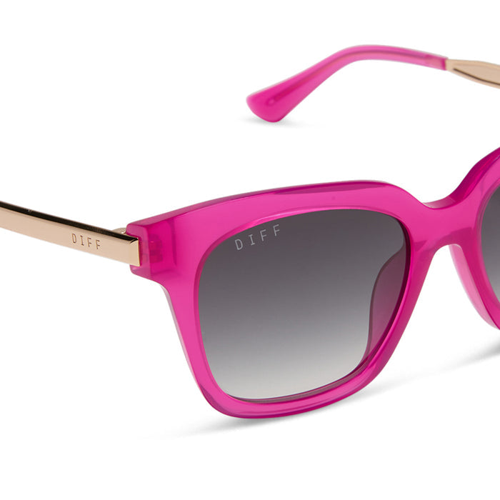 diff eyewear featuring the bella square sunglasses with a bright tulip with gold frame and grey gradient lenses detailed view