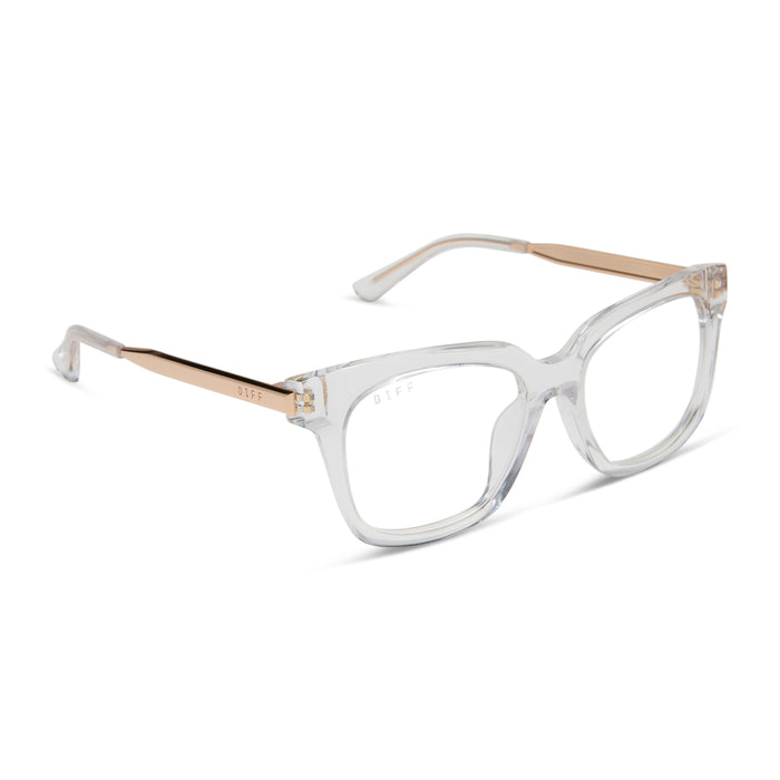 diff eyewear featuring the bella xs square prescription glasses with a clear crystal with gold frame angled view