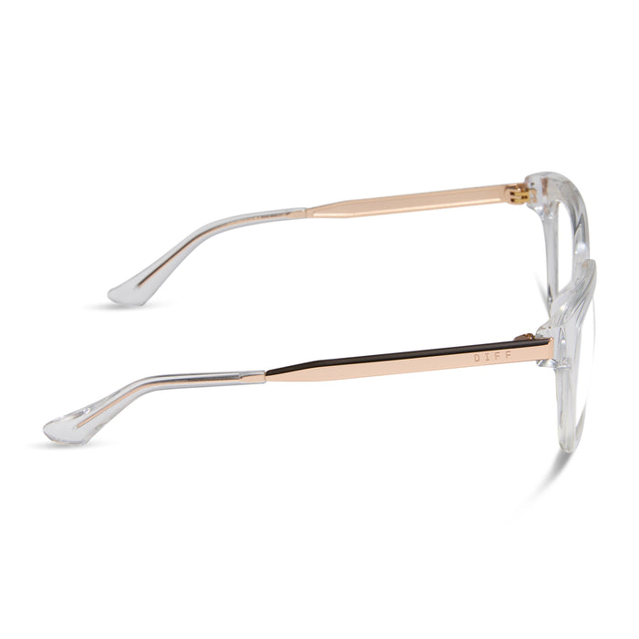 diff eyewear featuring the bella xs square prescription glasses with a clear crystal with gold frame side view