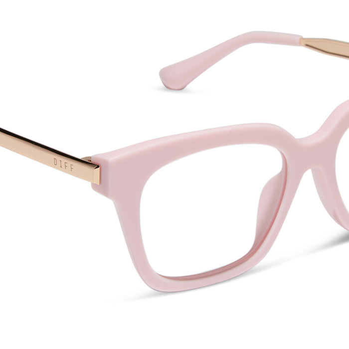 diff eyewear featuring the bella xs square prescription glasses with a powder pink with gold frame detailed view