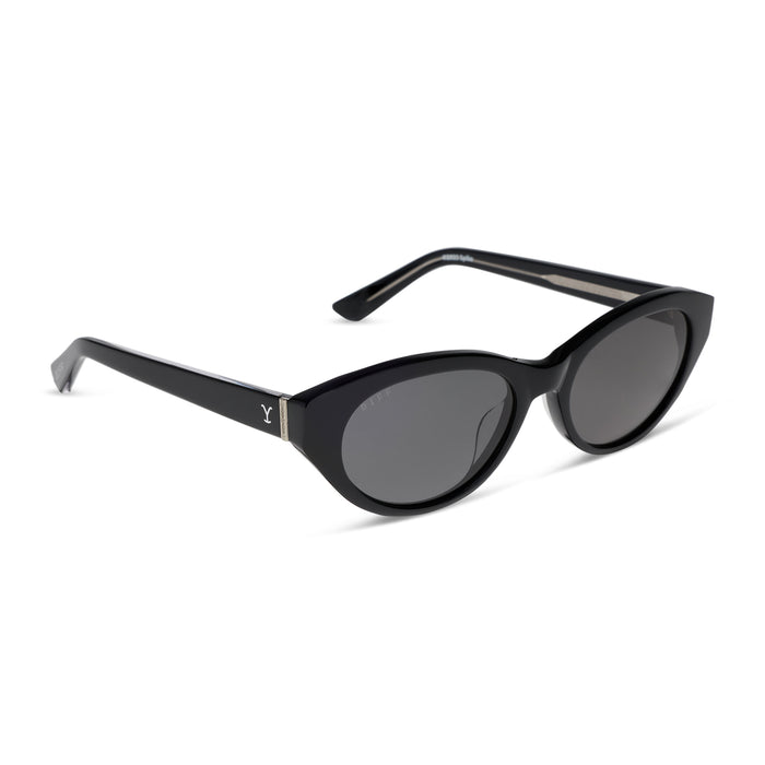 yellowstone x diff eyewear featuring the teeter round sunglasses with a classic black acetate frame and grey polarized lenses angled view