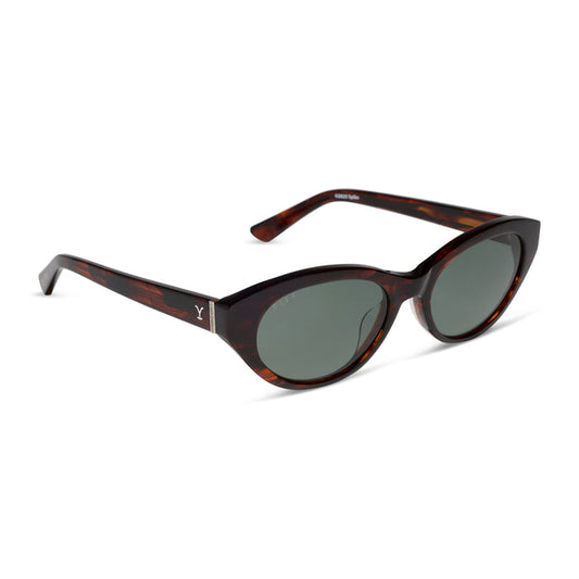 yellowstone x diff eyewear featuring the teeter round sunglasses with a western sequoia acetate frame and green g15 polarized lenses angled view