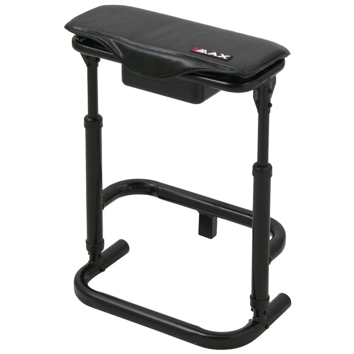 A black padded stool with a rectangular seat and a lower storage compartment stands on four sturdy legs. It is designed for comfort and support in various settings.