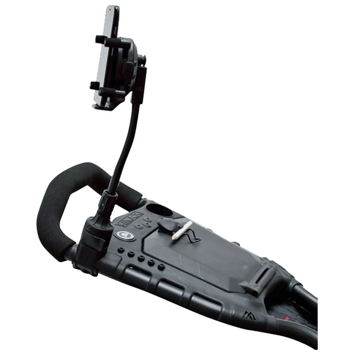 A black phone mount is attached to a flexible arm on a base with grip handles and buttons designed for secure placement and easy access while in use in various conditions.