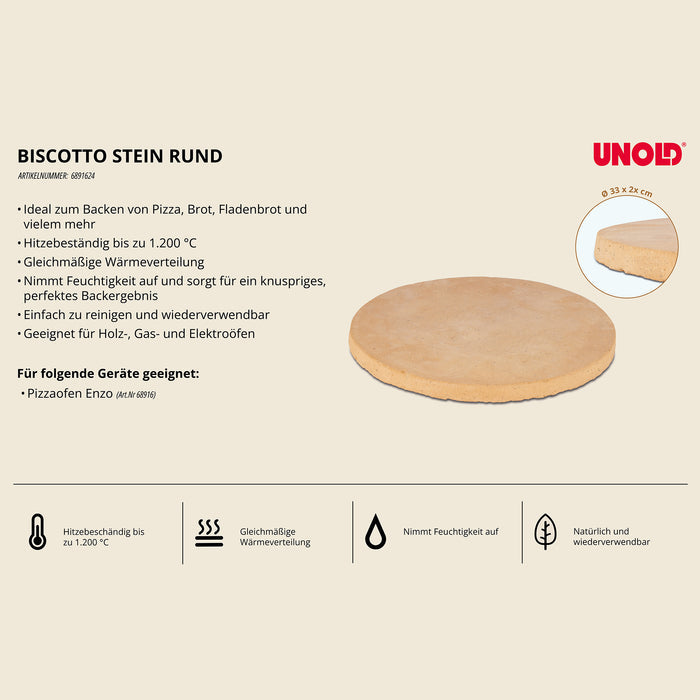 Ein runder Unold-Pizzastein „Biscotto di Sorrento“ für den Pizzaofen Enzo 68916 mit einem Durchmesser von 33 cm und einer Dicke von 2 cm wird vor einem hellen Hintergrund abgebildet, wobei die Produktdetails und Eigenschaften auf Deutsch aufgeführt sind.