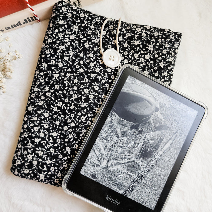 Black Ditsy Floral Book Sleeve & Kindle Sleeve with Button Closure - The Bean Workshop - book accessories, book sleeve, bookish gift, cotton book sleeve, ditsy floral, ereader sleeve, floral book sleeve, kindle paperwhite case, kindle sleeve, reader gift