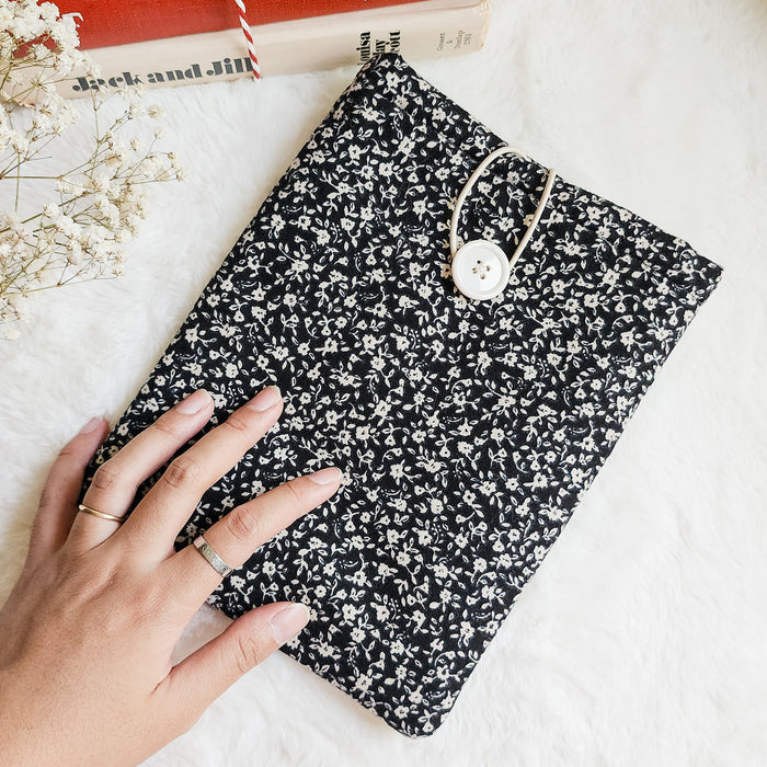 Black Ditsy Floral Book Sleeve & Kindle Sleeve with Button Closure - The Bean Workshop - book accessories, book sleeve, bookish gift, cotton book sleeve, ditsy floral, ereader sleeve, floral book sleeve, kindle paperwhite case, kindle sleeve, reader gift