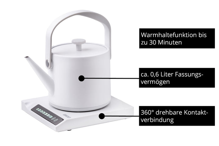 Die weiße Unold Blitzkocher Clara Elektro-Teekanne fasst ca. 0,6l, hat eine 360° drehbare Kontaktverbindung und ein Bedienfeld auf der Basisstation. Bis zu 30 Minuten Warmhaltefunktion sind durch die Beschriftungen ersichtlich.