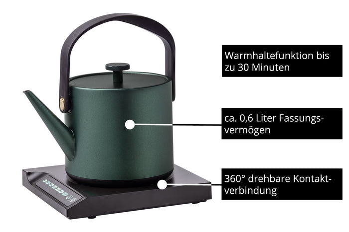 Der Unold Blitzkocher Jade ist ein grüner Wasserkocher mit Griff, 0,6 l Fassungsvermögen, 360° drehbarem schwarzen Sockel mit Knöpfen und einer Warmhaltefunktion von bis zu 30 Minuten.