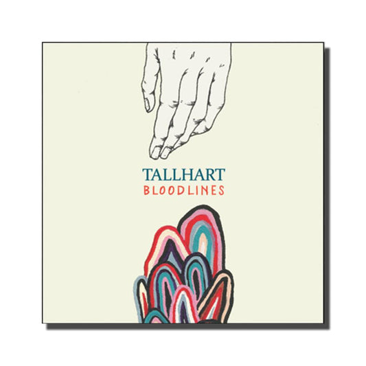 The Bloodlines CDEP by TALLHART features an illustrated cover with a hand reaching for colorful, abstract shapes. TALLHART appears in blue, BLOODLINES in red. Includes a track list featuring Brooklyn Is Burning.